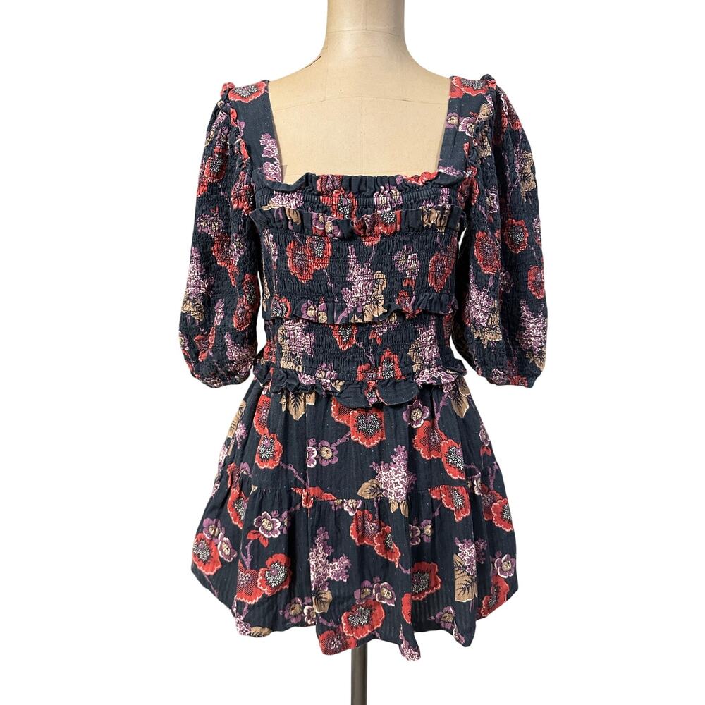 SEA New York Mini Dress Floral Seersucker Puff Sleeve Smocked Altered